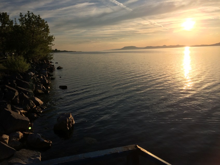A reflective sunset over Lake Balaton