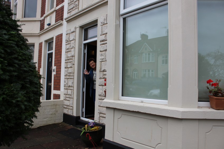 A shy KJ peeking round the front door